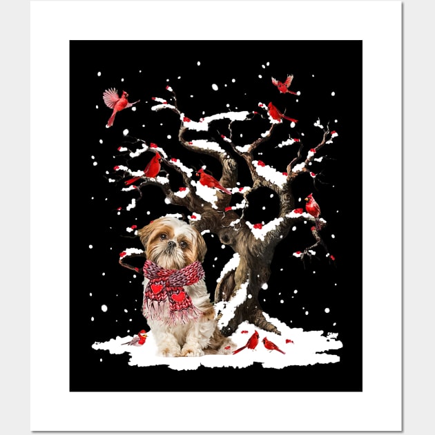 Shih Tzu Scarf Cardinal Snow Christmas Wall Art by cogemma.art